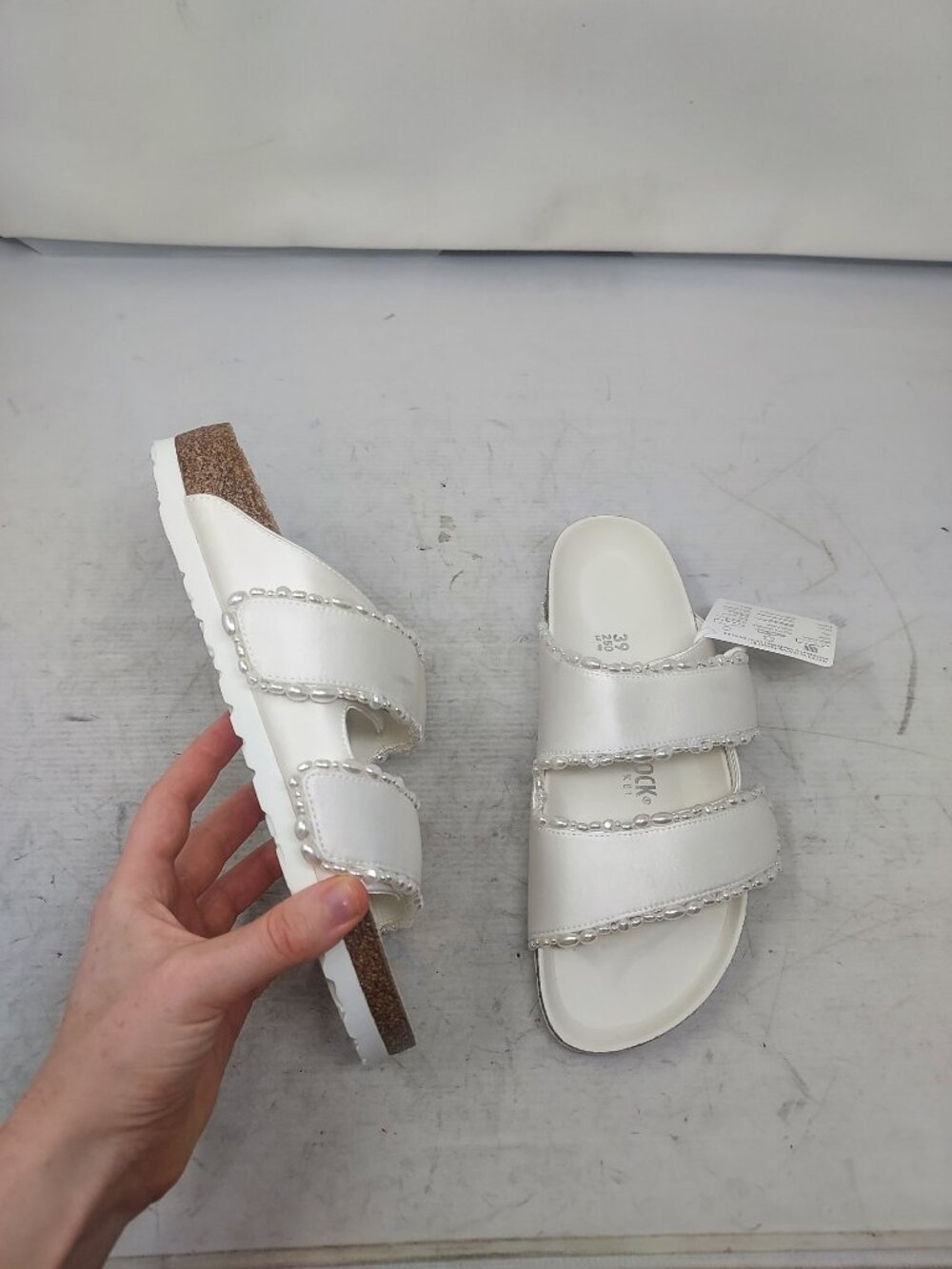 Birkenstock x Danielle Frankel White Bridal Wedding Arizona Satin Pearl Slide Sa